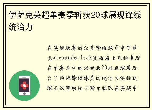 伊萨克英超单赛季斩获20球展现锋线统治力